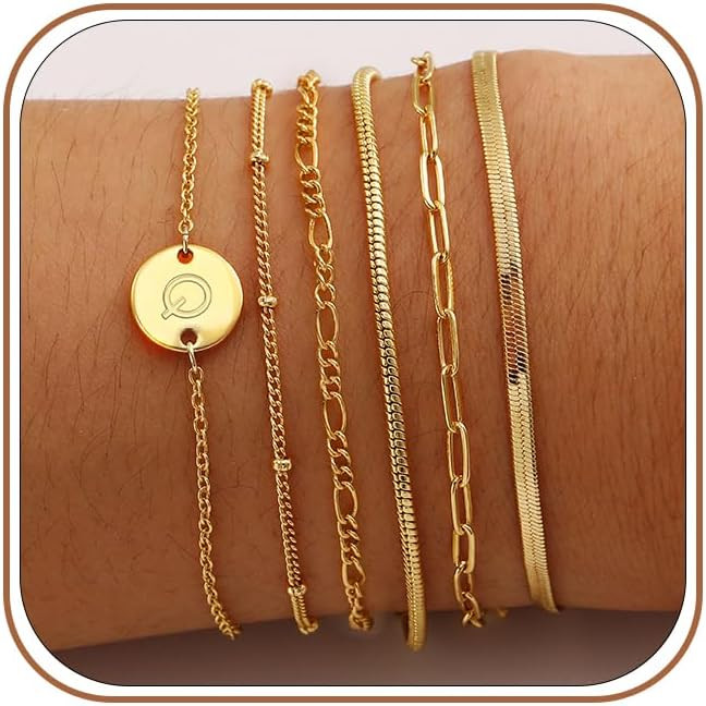 Bracelets for Women, 14K Gold Plated 6PCS Letter A-Z Stackable Jewelry Set for Adjustable 6"+2" | Amazon (US)