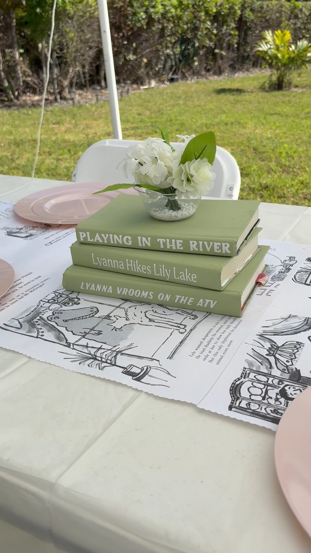 For my daughter’s book-themed birthday party, I wanted the centerpieces to feel personal, so I made custom books that tell the story of her life so far! 🥹✨

Here’s how I made them:
📚 Painted books in the party colors
📖 Used my Cricut to cut out vinyl letters for the spines
🔹 Stacked & glued three books together
🌸 Added a plastic vase on top (child-proof!)
🪨 Filled it with white rocks & flowers

The best part? Each book title is a real experience she’s had in her two years of life! From petting a kangaroo to hiking mountains to feeding chipmunks—I had more stories than books to put them on! 😂 But I love how they turned out!

Would you do this for your little one’s party? 💕

#LTKParties #LTKKids #LTKWedding