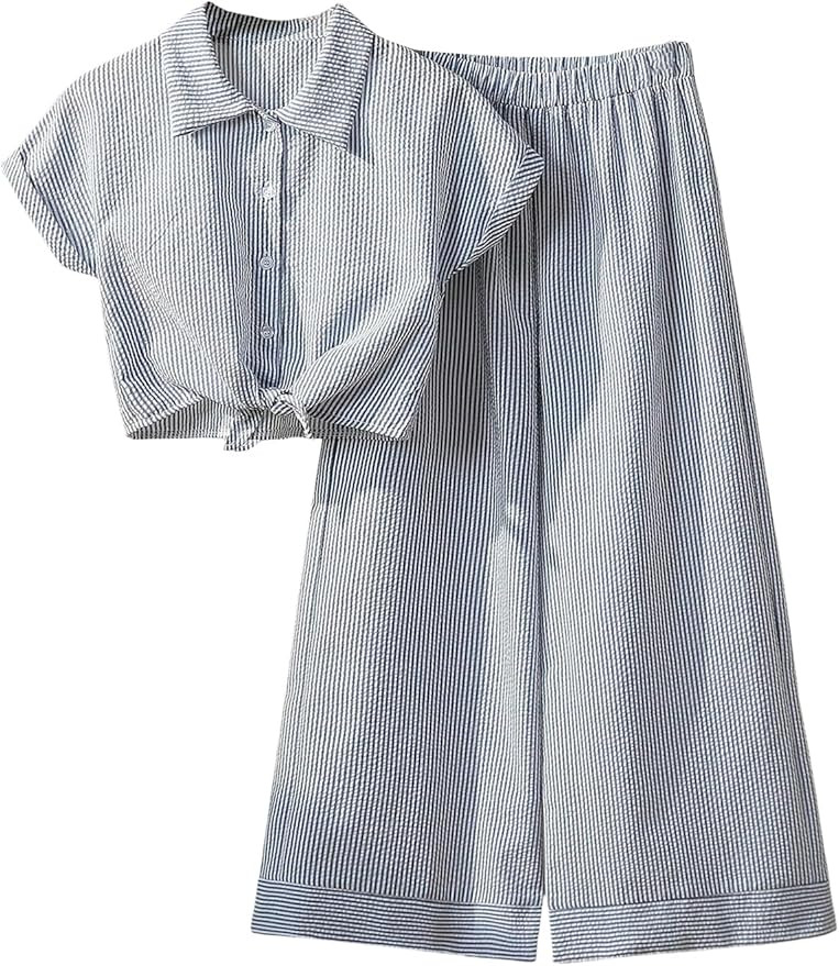 OYOANGLE Girl's 2 Pieces Outfits Striped Short Cuffed Sleeve Shirt and Elastic Waist Wide Leg Pan... | Amazon (US)