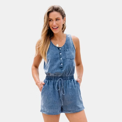 Women's Denim Half-Button Sleeveless Romper - Cupshe-M-Blue | Target