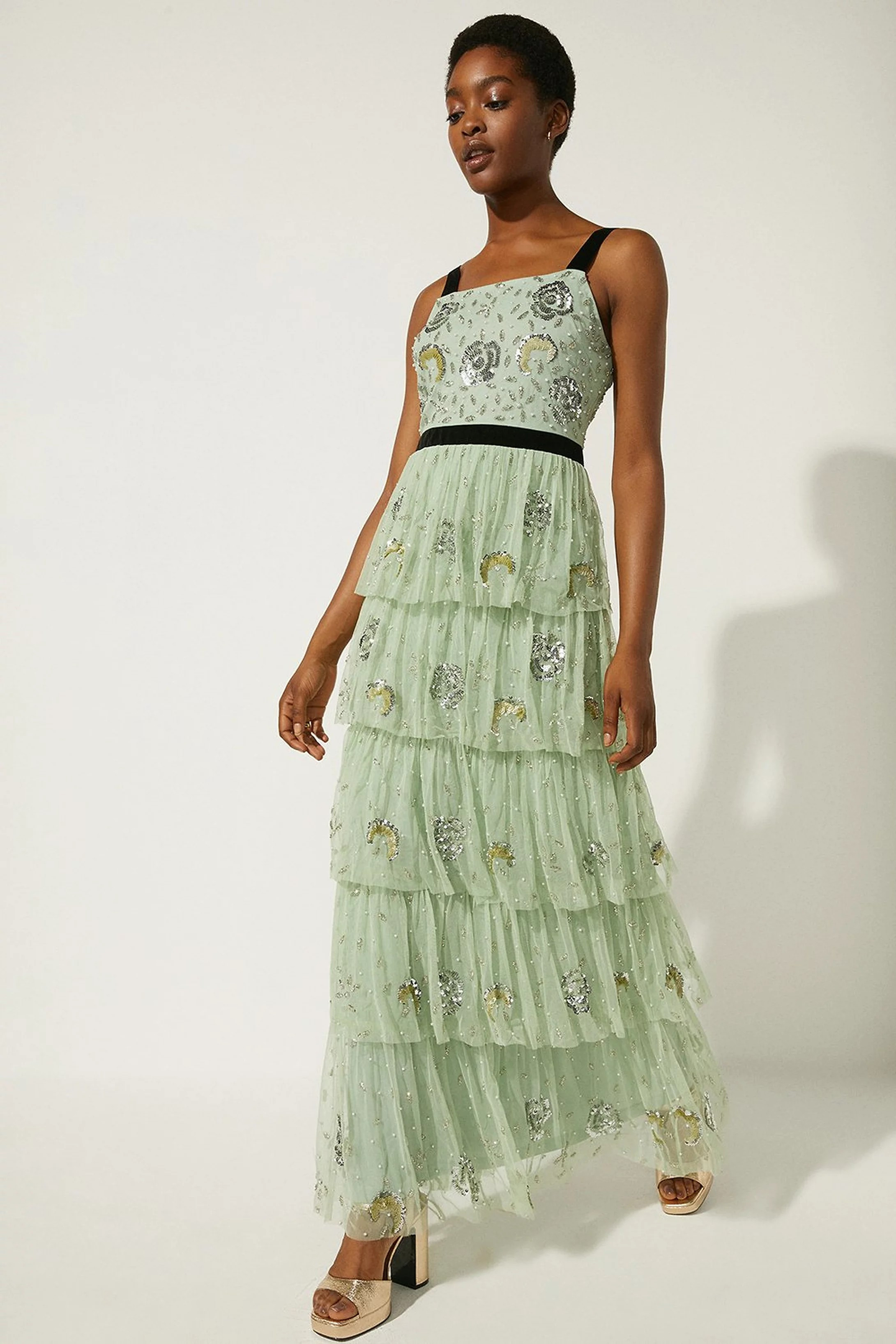 Oasis Velvet Trim Embellished Tiered Maxi Dress | Coast (UK)