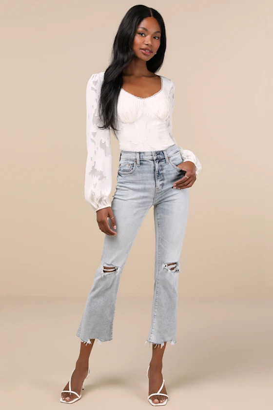 Shy Girl Light Wash Cropped Distressed High-Rise Flare Jeans | Lulus