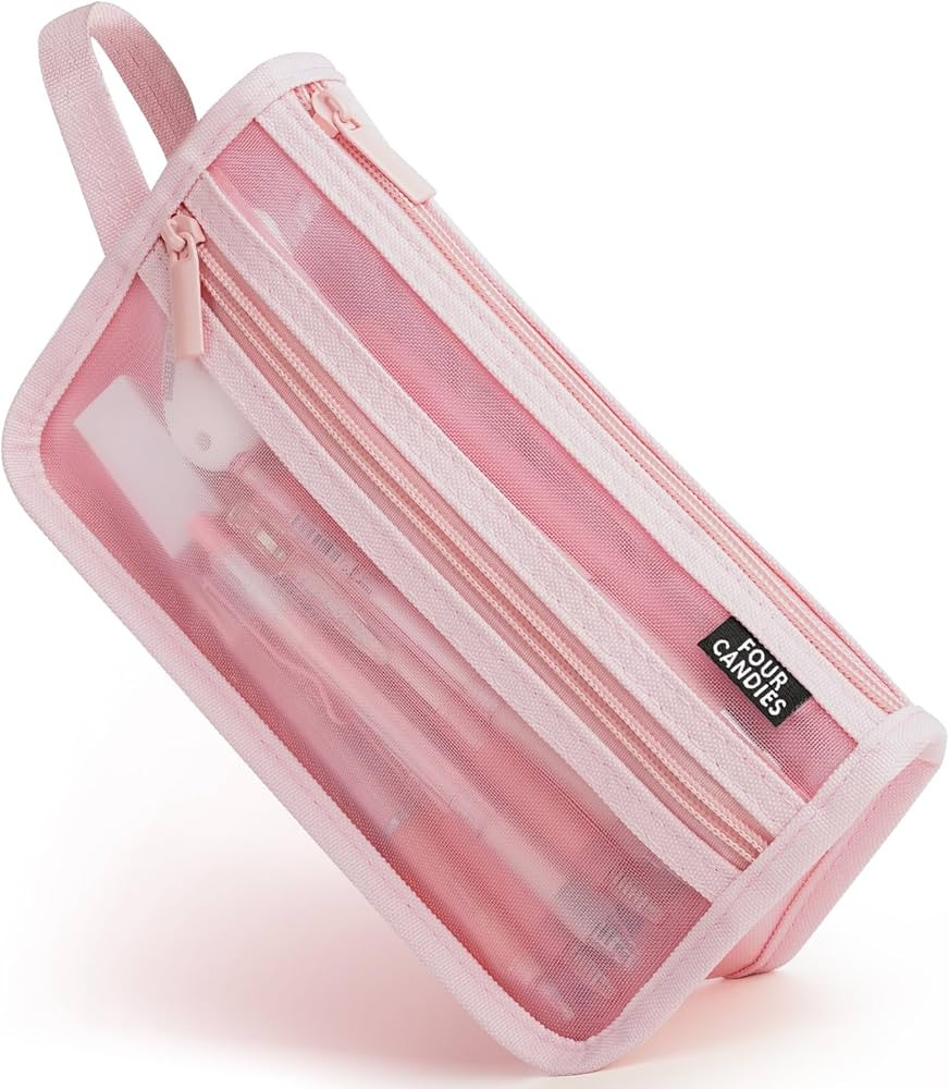 Four Candies Grid Mesh Pencil Case with Handle and Zipper, Clear Double-layer Pencil Pouch Marker... | Amazon (US)