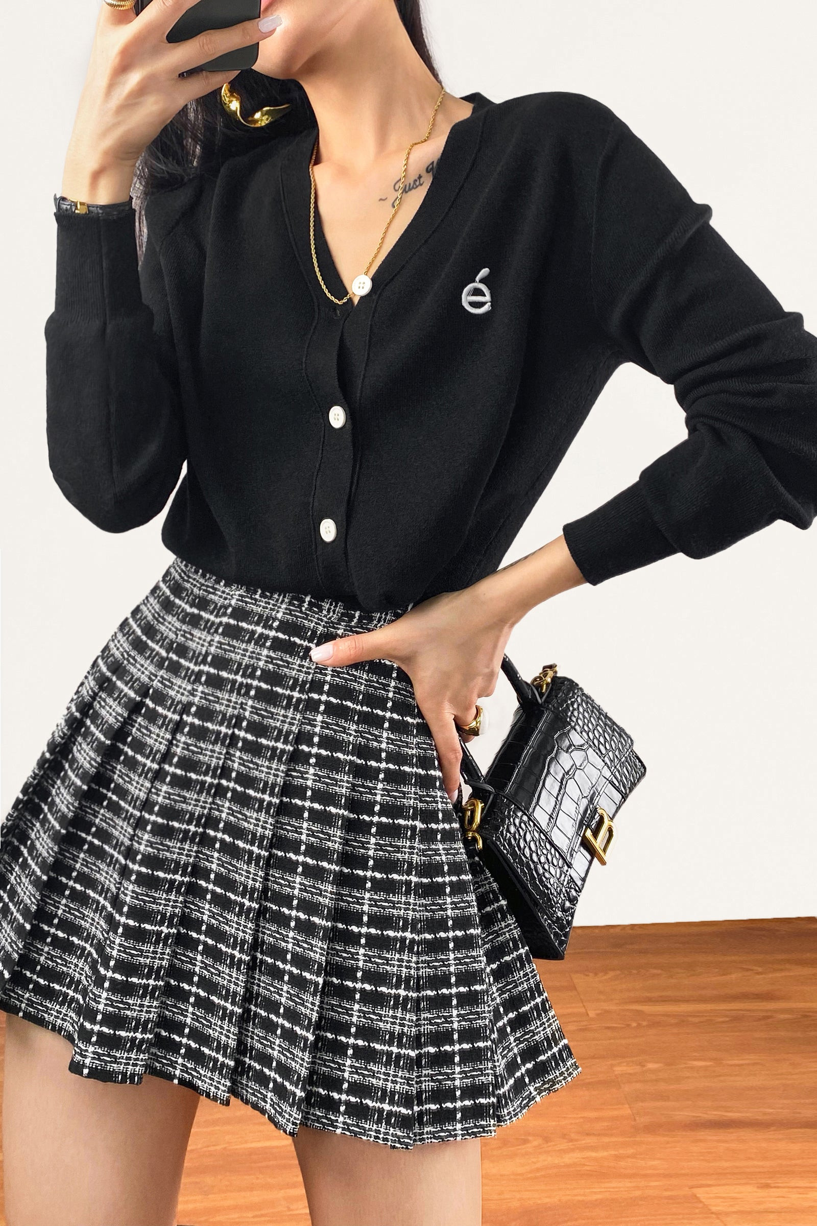 Black Plaid Pleated Tweed Mini Skirt | J.ING