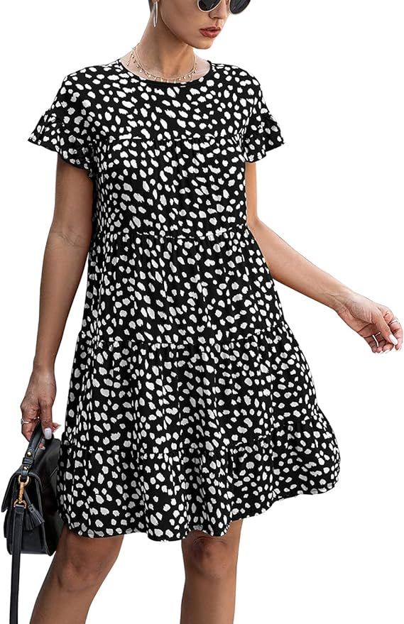 KIRUNDO 2021 Summer Women’s Ruffle Mini Dress Short Sleeves Leopard Floral Round Neck Loose Ple... | Amazon (US)