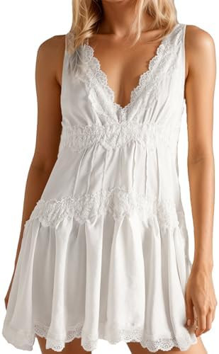 Womens Lace Mini Dress Slip Dress V-Neck Summer Y2k Ruffle Hem Flowy Swing Boho Short Dresses | Amazon (US)