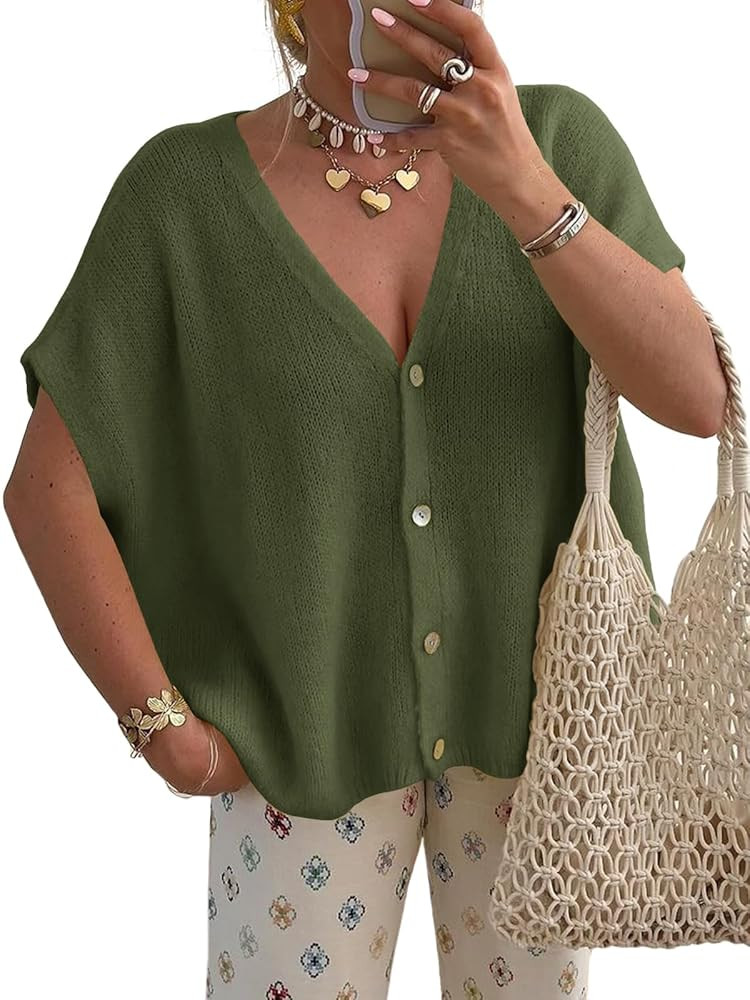 Saodimallsu Womens Summer Oversized Cardigans Batwing Short Sleeve Lightweight Button V Neck Casu... | Amazon (US)