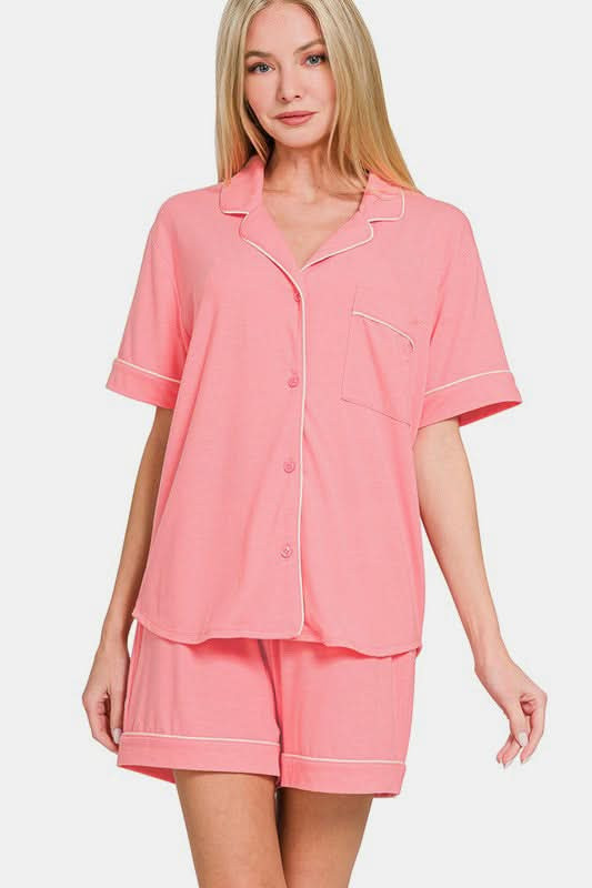 Chic Button-Up Lounge Set with Shorts and Short Sleeves DK PINK / L | Casual Chic Boutique