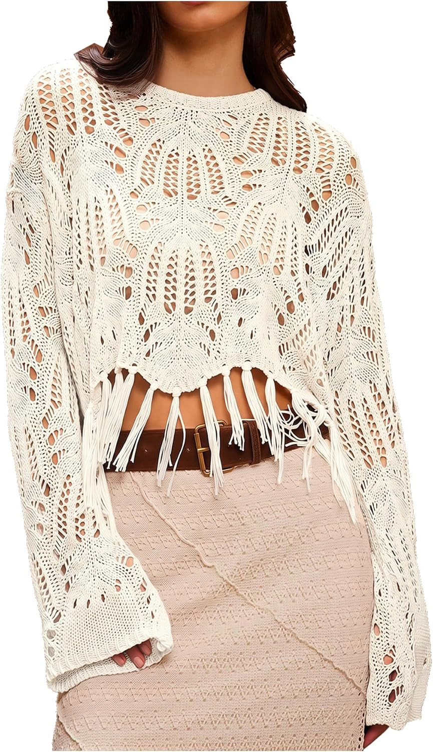 Women's Fringe Crochet Tops Summer Boho Tops Lightweight Crochet Sweaters Tassel Crop Knit Vacation Outfits | Amazon (US)
