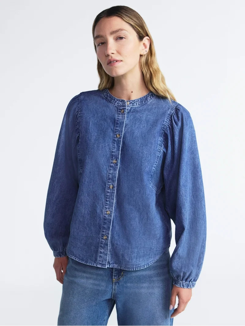 Scoop Women's Cotton Denim Shirt with Blouson Sleeves, Sizes XS-XXL | Walmart (US)