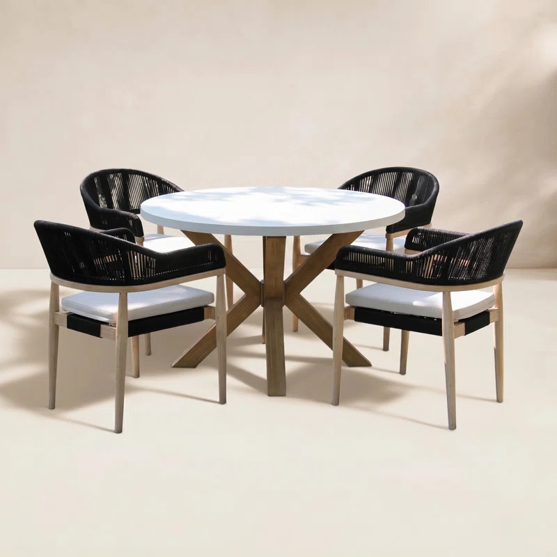 Posey 5 Pc. Round Ivory Composite Dining Set With Rope Stacking Chairs | Wayfair North America