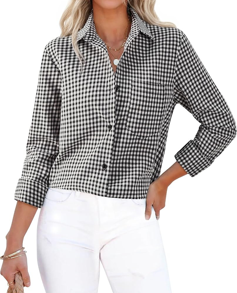 siliteelon Plaid Shirts for Women Gingham Top Button Down Long Sleeve Dress Shirts Cotton Casual ... | Amazon (US)