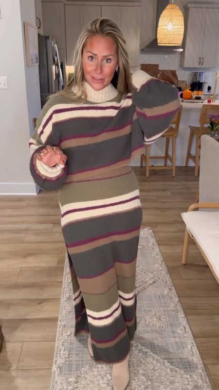 This slouchy and soft striped sweater comes with a coordinating high-rise maxi skirt for the ultimate cozy outfit that is perfect for any occasion! I am wearing a size large. This striped set comes in 2 colors - Original Combo and Army Combo.  Wear as a set or mix and match the sweater with your favorite pair of jeans! Pair this set with beige or brown ankle booties to complete the look! 

Picture yourself walking into Friendsmas wearing this adorable striped two piece set! 🎁🤎 Your friends will for sure want to know where you got it! 

#midsize #appleshape #size10 #thanksgivingoutfit #FreePeople #WhenYouWearFP

#LTKmidsize #LTKstyletip #LTKHoliday