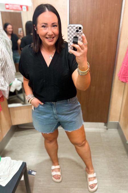 New v neck blouse at Target!

Wearing a large. This one fits tts. 
Size 17 shorts. Need a 16. 
Sandals run tts  

#LTKover40 #LTKmidsize #LTKSeasonal