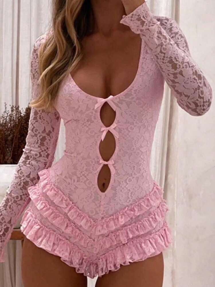 Spring Sexy Solid Color Slim Romper Long Sleeve Low-Neck Lace Hollow Out Backless Bodysuit Party For Women | SHEIN
