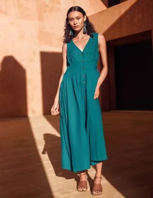 Linen Blend Button Front Midi Waisted Dress | Marks & Spencer (UK)