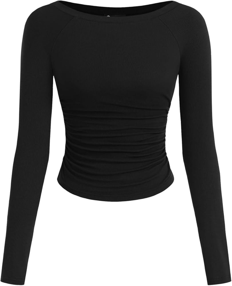 PRETTYGARDEN Long Sleeve Shirts for Women 2026 Fall Ruched Sides Boat Neck Basic Tee Casual Fitte... | Amazon (US)
