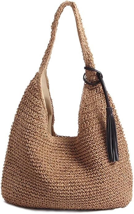 QTKJ Hand-woven Soft Large Straw Shoulder Bag with Black Tassels Boho Straw Handle Tote Retro Sum... | Amazon (US)