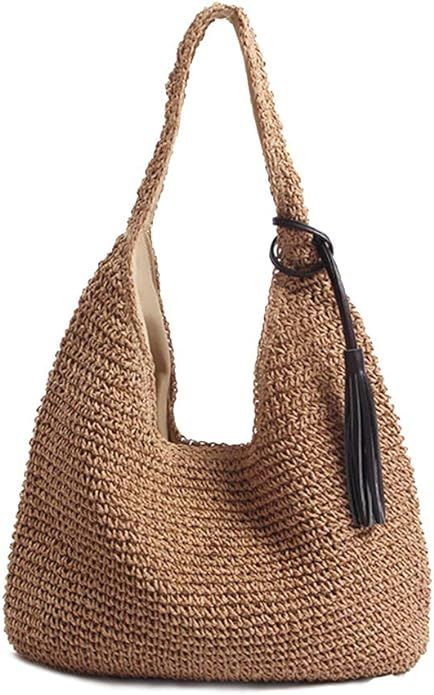 QTKJ Hand-woven Soft Large Straw Shoulder Bag with Black Tassels Boho Straw Handle Tote Retro Sum... | Amazon (US)