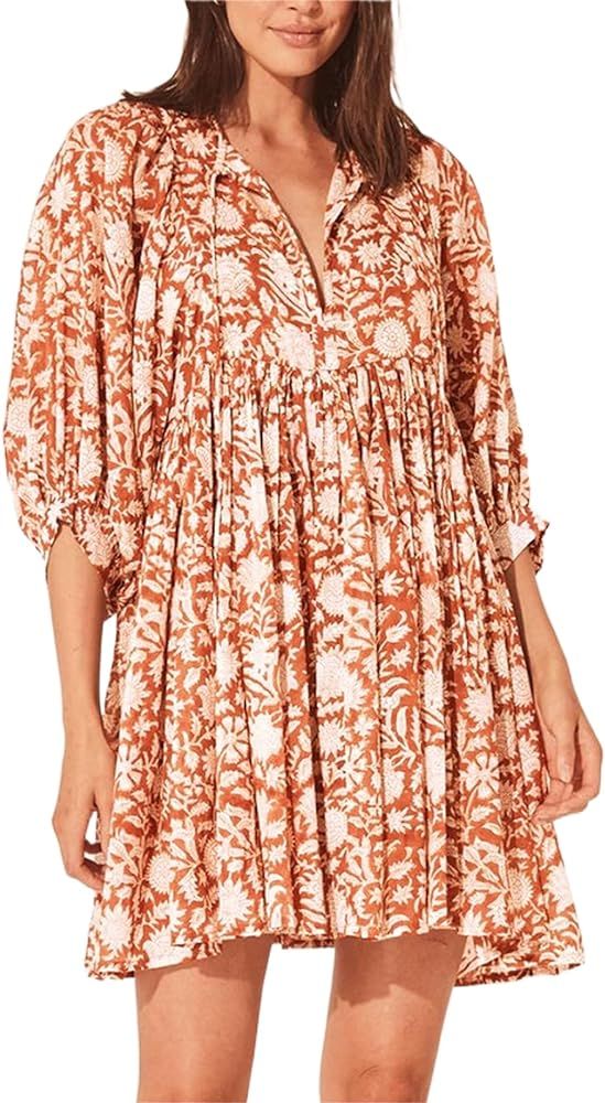 Women 2023 Summer Boho Mini Dress V Neck Puff Sleeve Floral Loose Flowy Swing Sundress Beachwear | Amazon (US)