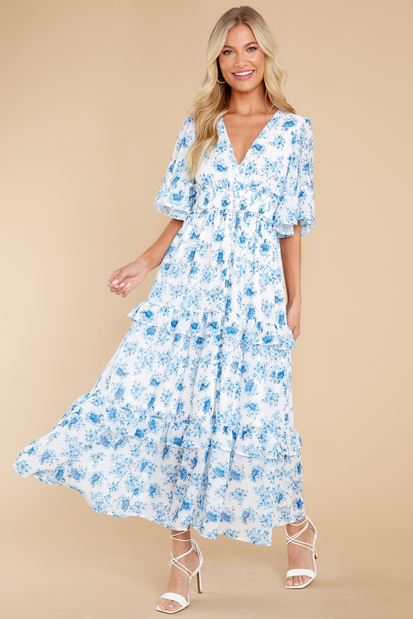 Bright Mornings White And Blue Floral Print Maxi Dress | Red Dress 