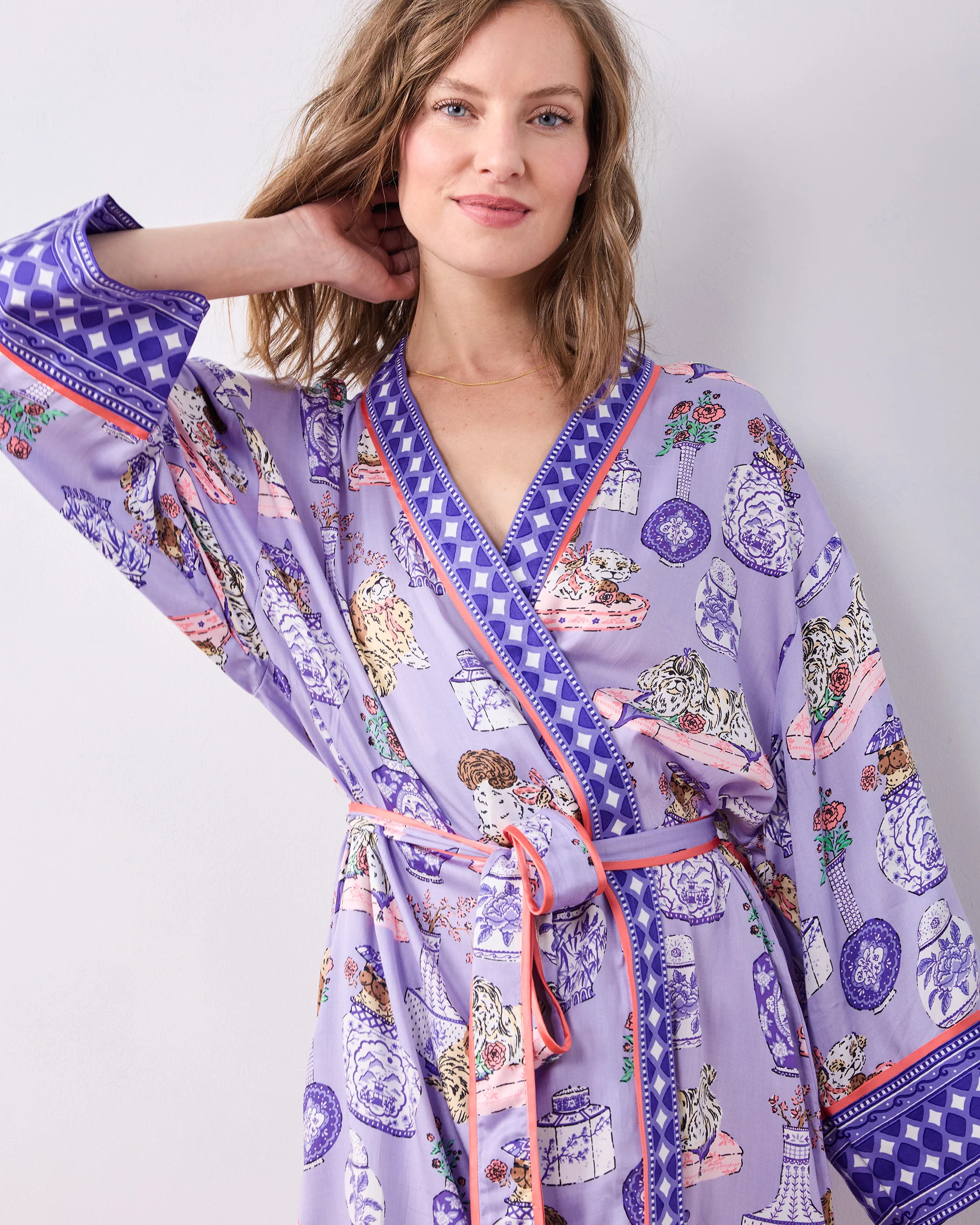 Eco Silky Robe in Fancy Dogs | Women's S/M | Purple | Sleepwear | Printfresh
