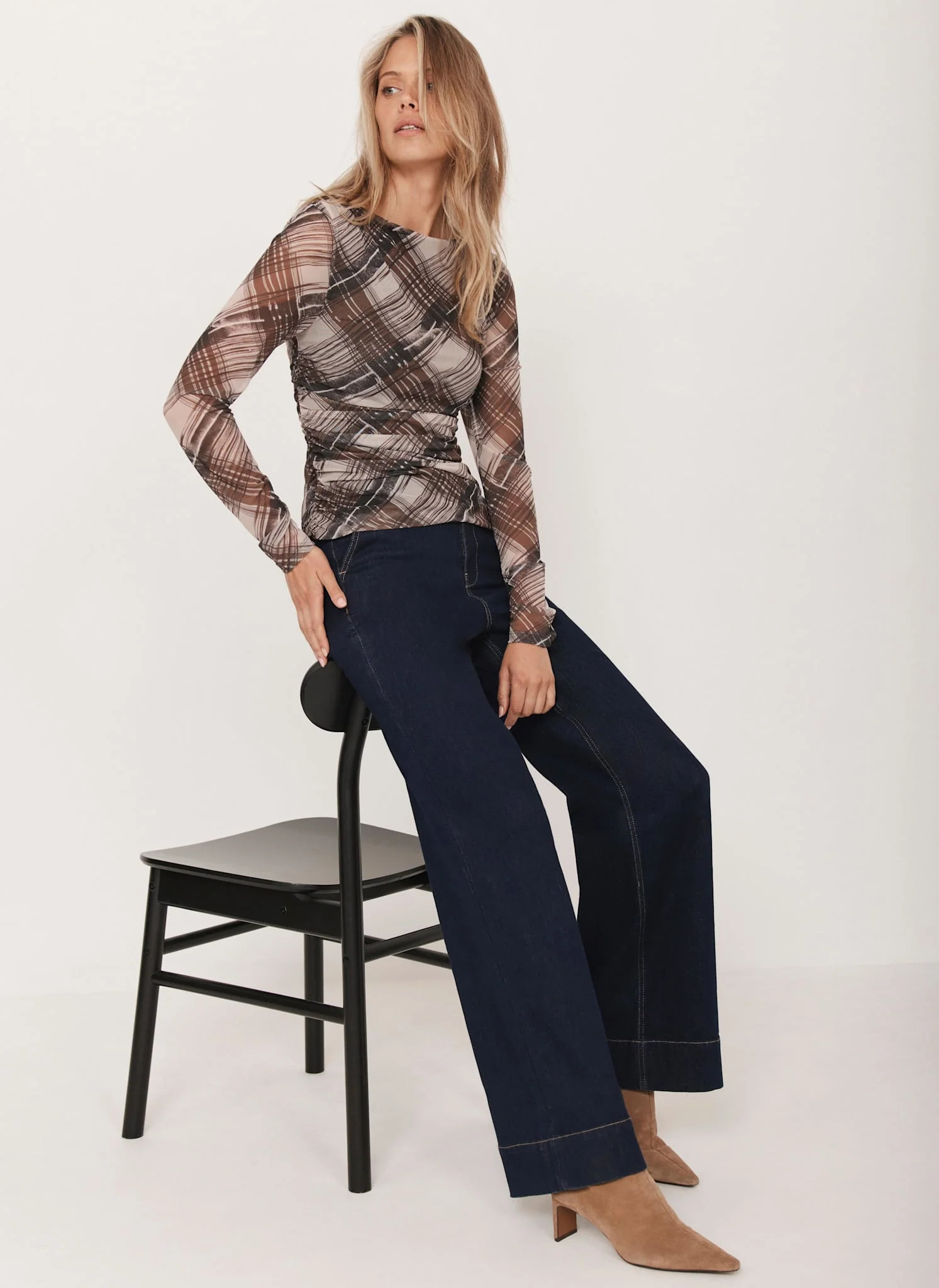 Brown Checked Mesh Top | Mint Velvet