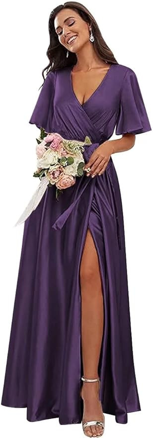 Short Sleeve V Neck Bridesmaid Dresses with Slit A-Line Silk Satin Formal Party Dresses with Belt... | Amazon (US)