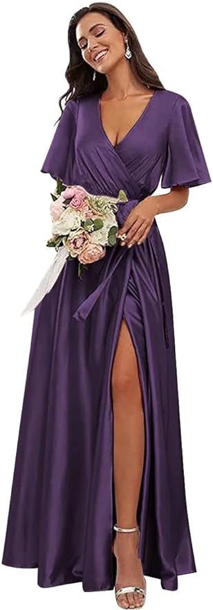 Short Sleeve V Neck Bridesmaid Dresses with Slit A-Line Silk Satin Formal Party Dresses with Belt... | Amazon (US)
