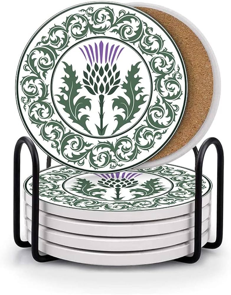 HUXJOKO Coasters for Drinks Set of 6,Thistle Flower Scottish Absorbent Ceramic Coaster,Round Ston... | Amazon (US)