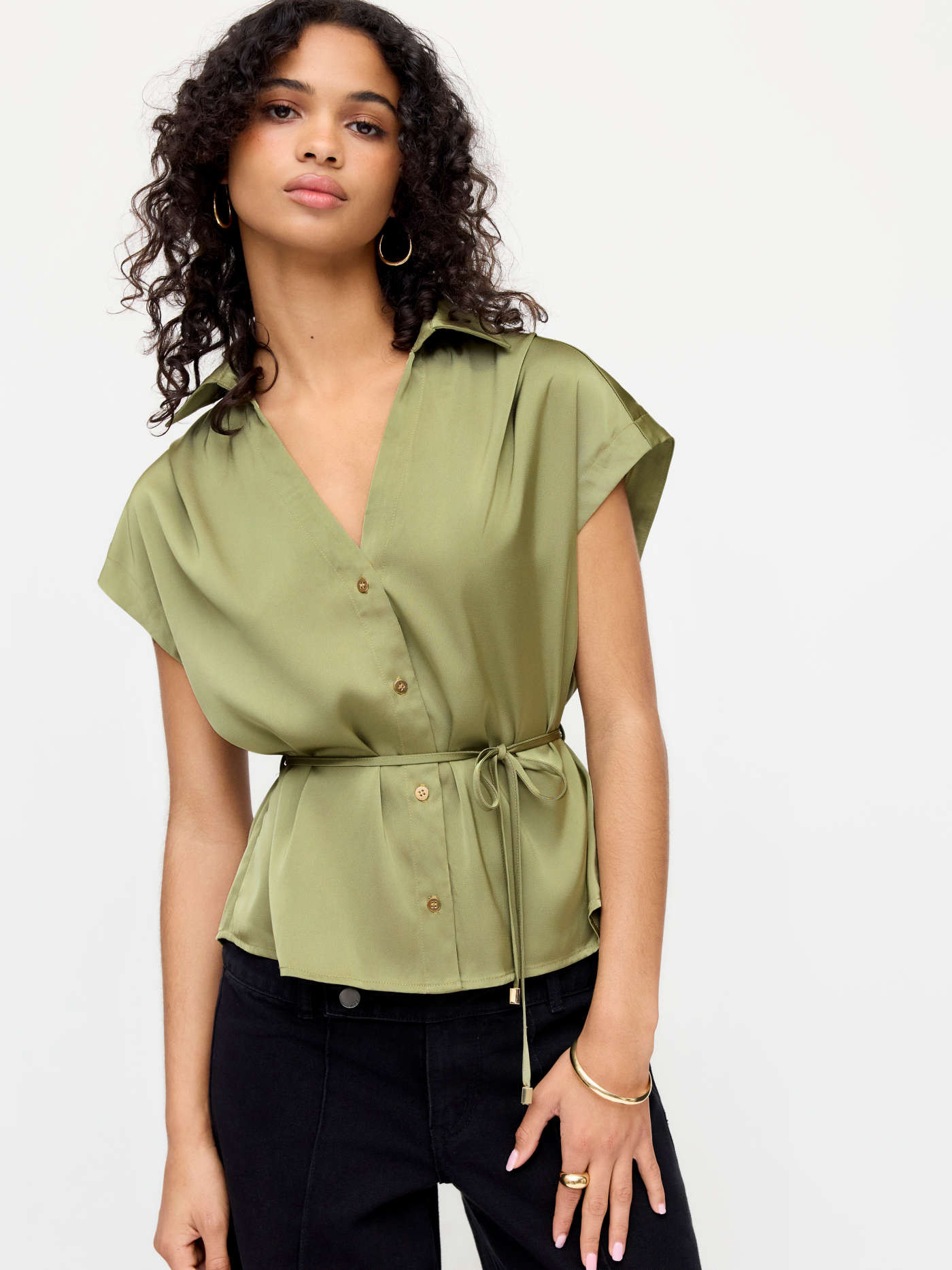 Satin Short Sleeve Oversized Blouse With Belt | Cider