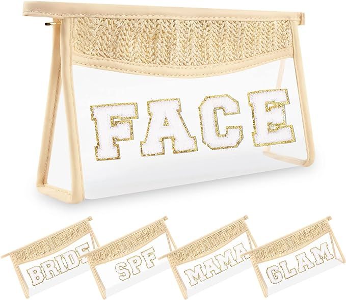 Small Boho Straw Clear Face Makeup Bags for Women&Girls, Zipper Cosmetic Bag Chenille Varsity Let... | Amazon (US)