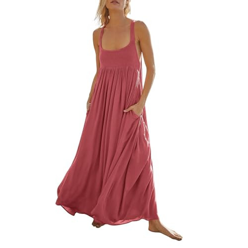 Women's Summer Sleeveless Dress Pleated Casual Maxi Dresses with Pockets Hot Pink | Amazon (US)
