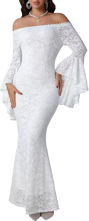HOYISHION Women's Off The Shoulder Floral Lace Maxi Dress White Bridesmaid Wedding Party Maternit... | Amazon (US)