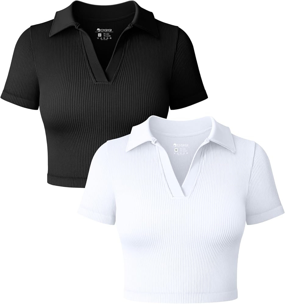 OQQ Women's 2 Piece Crop Tops Short Sleeve Stretch Yoga Classic-Fit Shirts Basic Tops | Amazon (US)