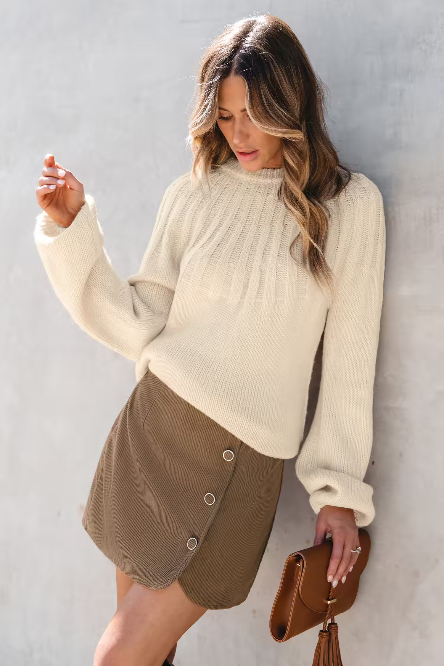 Apricot Ribbed Balloon Sleeve Sweater | Cupshe US