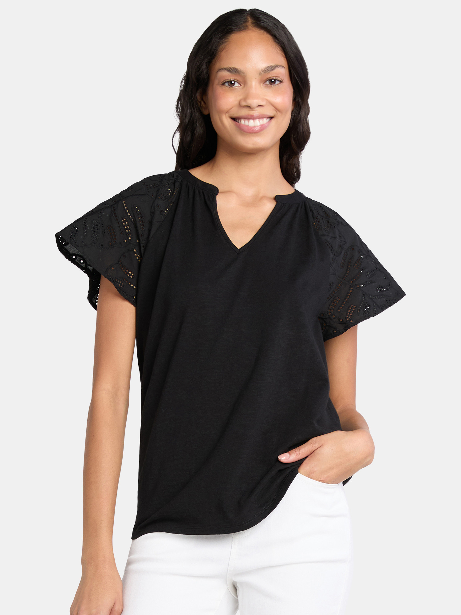 Time Tru Women's Mixed Media Cotton Top with Eyelet Flutter Sleeves, Sizes XS-XXXL | Walmart (US)