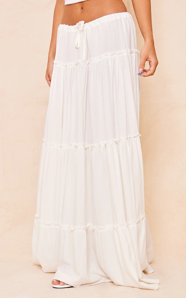 White Low Rise Drawstring Waist Tiered Maxi Skirt | PrettyLittleThing UK