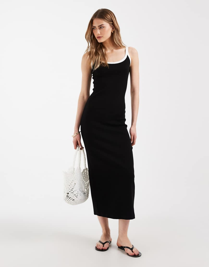ASOS DESIGN rib knit midi dress in black with white contrast trim | ASOS (Global)