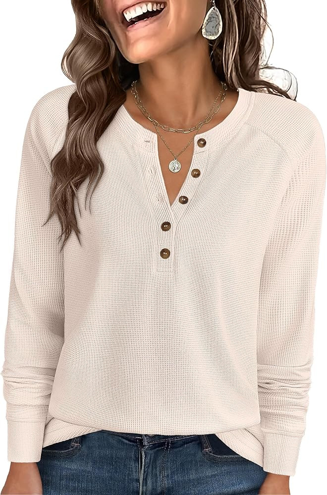 ANRABESS Women's Long Sleeve Waffle Knit Shirts Dressy Casual Loose Button Up V Neck Henley Tops ... | Amazon (US)