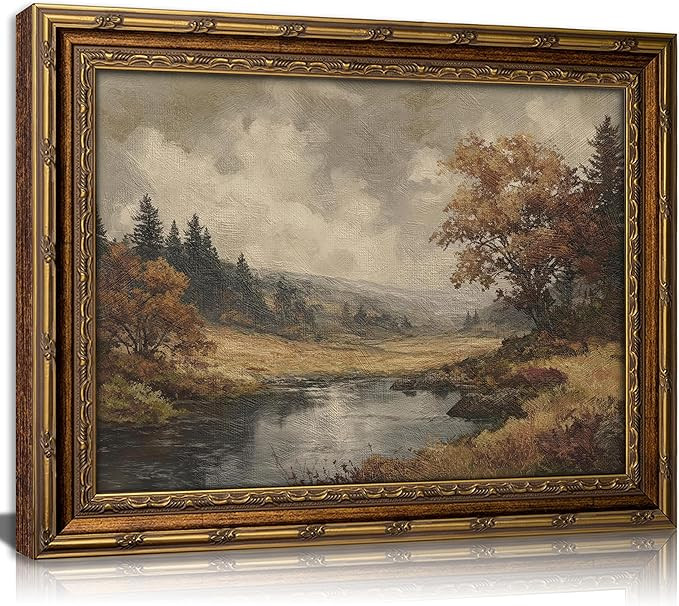 Vintage Gold Framed Moody Landscape Wall art, Cottagecore Fall River Scenery Oil Painting Canvas ... | Amazon (US)