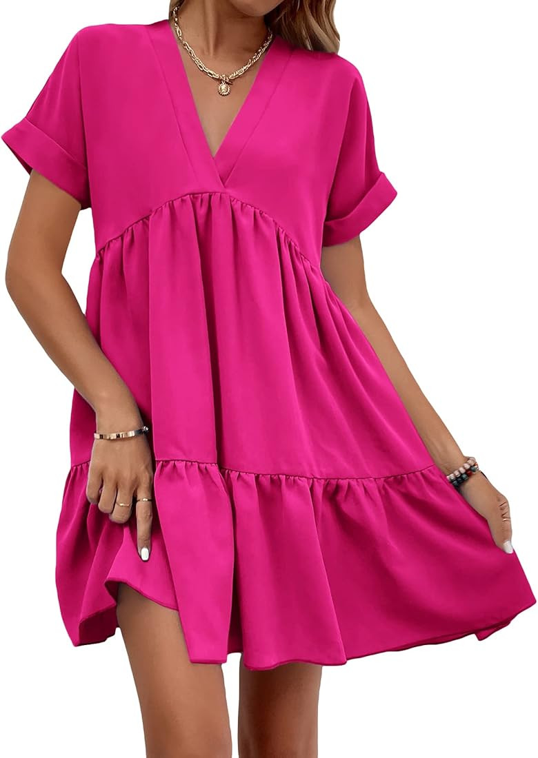 WDIRARA Women's Roll Up Short Sleeve V Neck Ruffle Hem Solid Swing Smock Dress | Amazon (US)