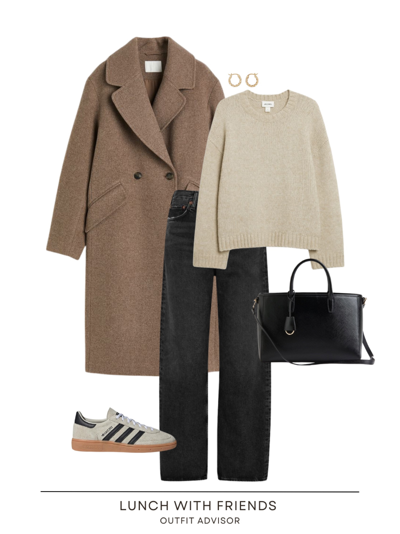 Lunch date with friends outfit inspo: a brown winter coat, beige knit jumper, black jeans, a black handbag, gold earrings & adidas speazial sneakers 

#LTKshoecrush #LTKstyletip #LTKitbag