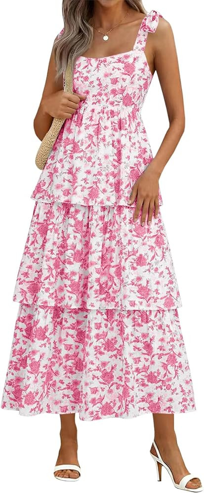 Wenrine Womens Summer Floral Maxi Dress Casual Tie Strap Sleeveless Ruffle Tiered Smocked Loose B... | Amazon (US)