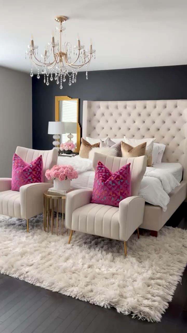 My pink and white master bedroom!!
White , gold and pink accessories 
#bedroom
#pink
#luxury bedroom 
#neutrall

#LTKSeasonal #LTKSaleAlert #LTKHome