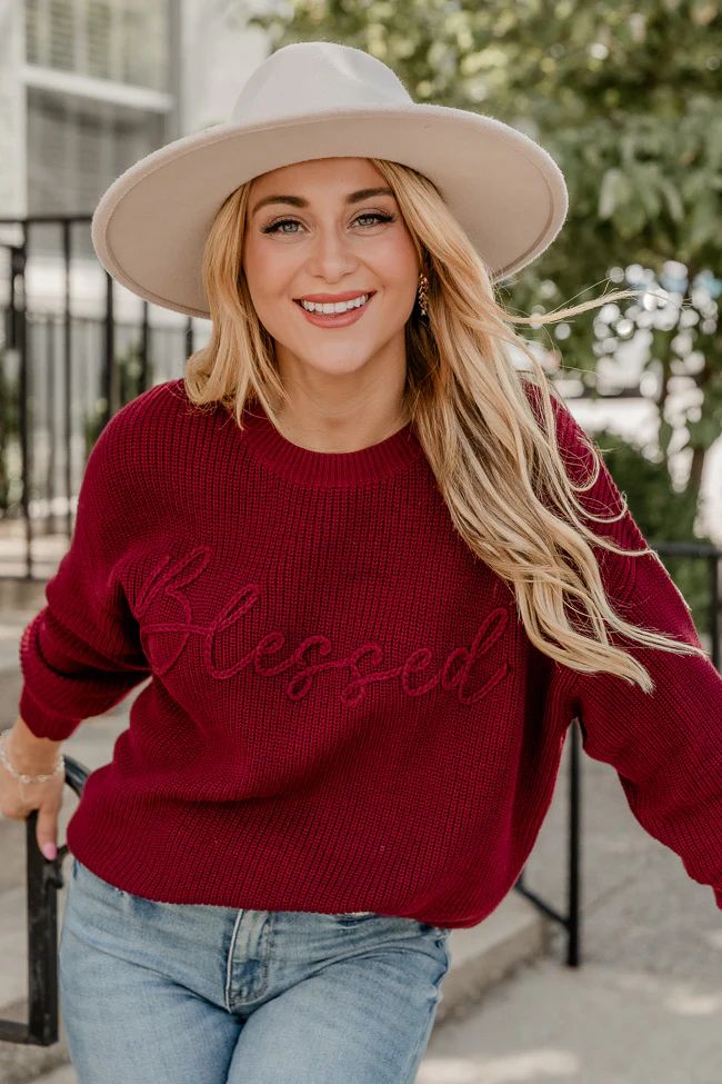 Blessed Burgundy Embroidered Sweater | Pink Lily
