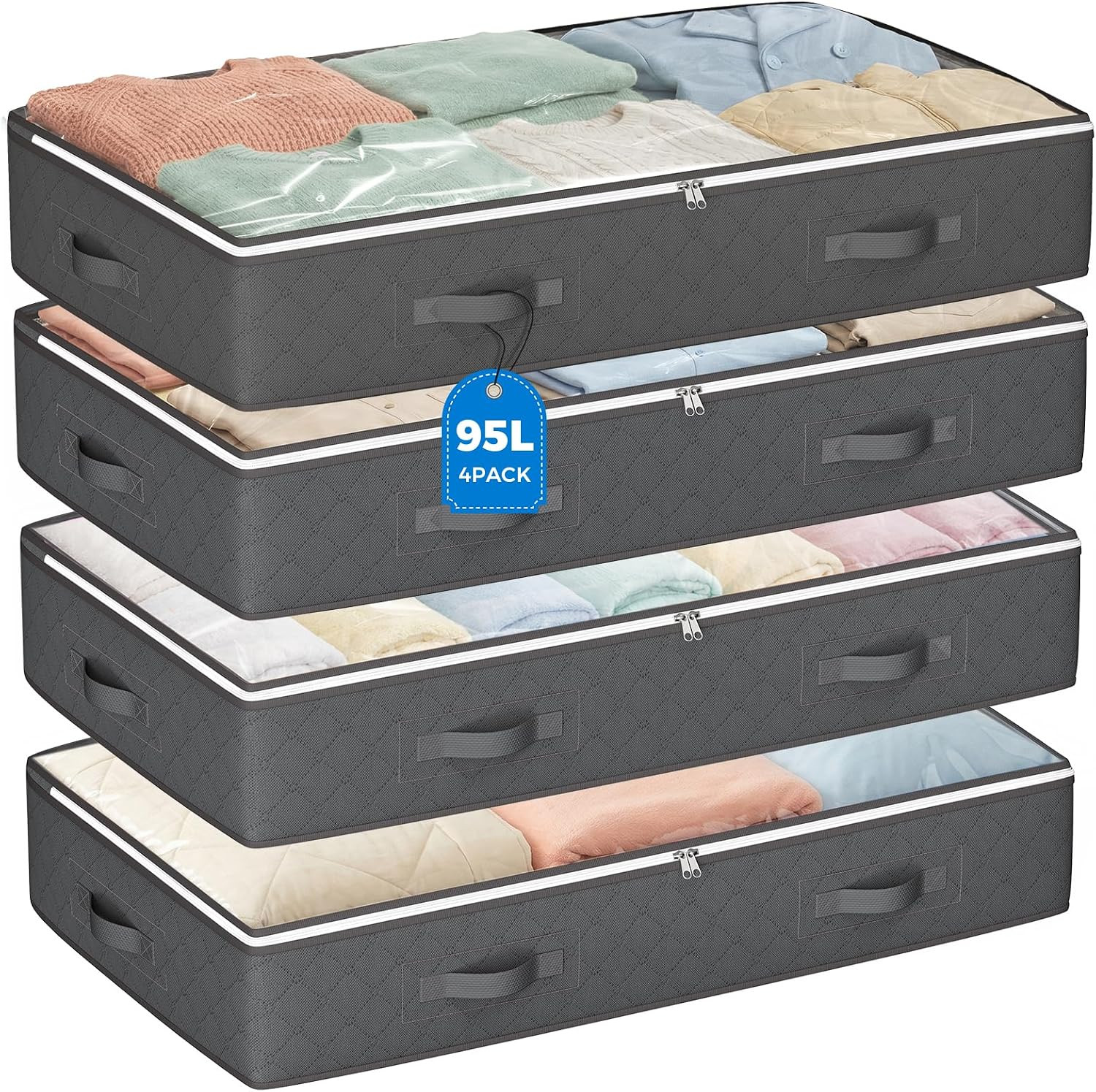 Budding Joy 95L Under Bed Storage Containers, 4 Pack Closet Organizers Grey | Amazon (US)