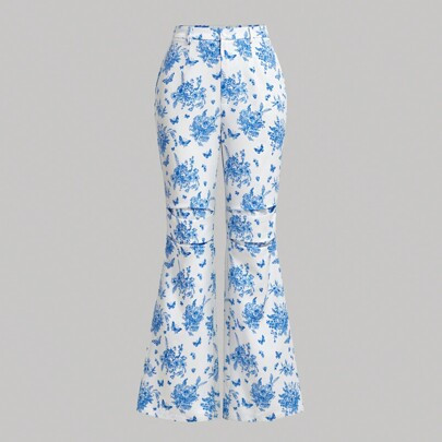 Blue & White Floral Printed High-Waist Flared Pants With Knee Slits For Women | SHEIN