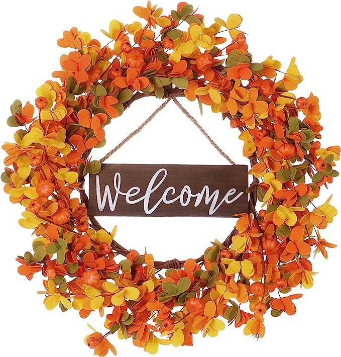 Artificial Fall Wreath with Welcome Sign,20” Autumn Wreath with Small Pumpkins Fall Front Door ... | Amazon (US)