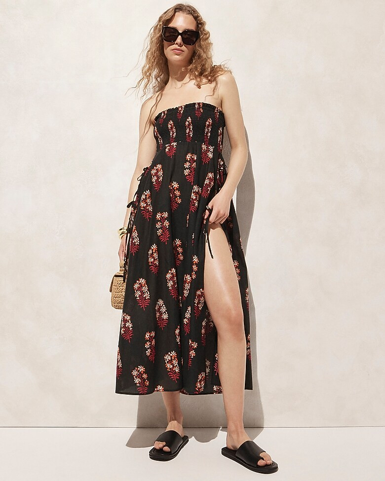 Smocked side-tie dress in cocoa block print cotton voile | J. Crew US